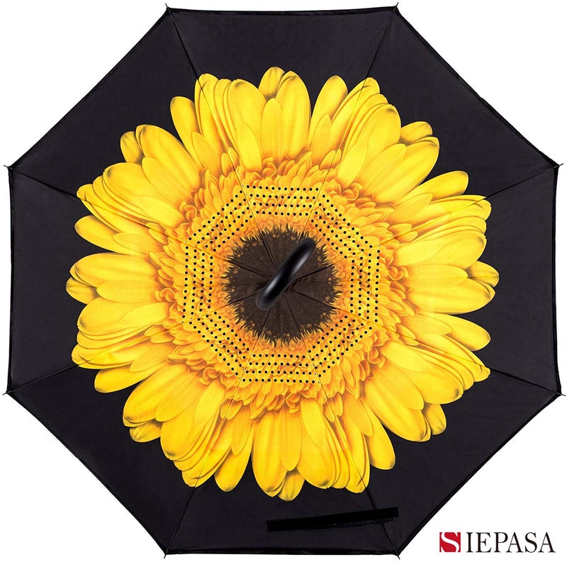 SIEPASA 49/56 Inch Inverted Reverse Upside Down Umbrella, Extra Large Double Canopy Vented Windproof Waterproof Stick Golf Umbrellas with C-shape Handle.(Yellow Daisies, 49 Inch) - Image 2